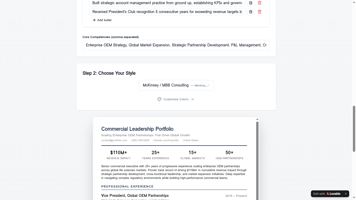 Easy Resume — style picker featuring McKinsey/MBB Consulting template