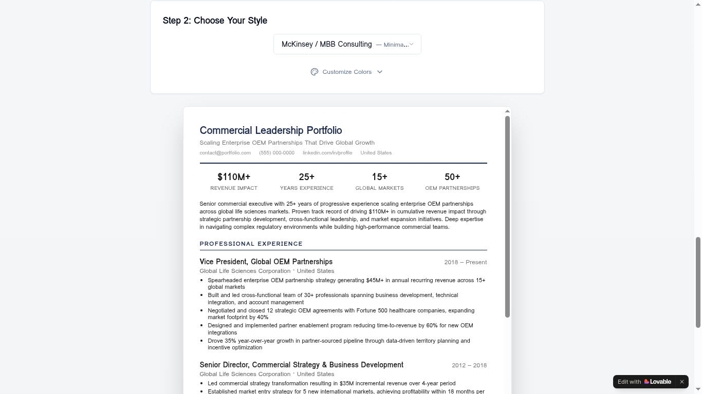 Easy Resume — live preview of a polished consulting-style resume