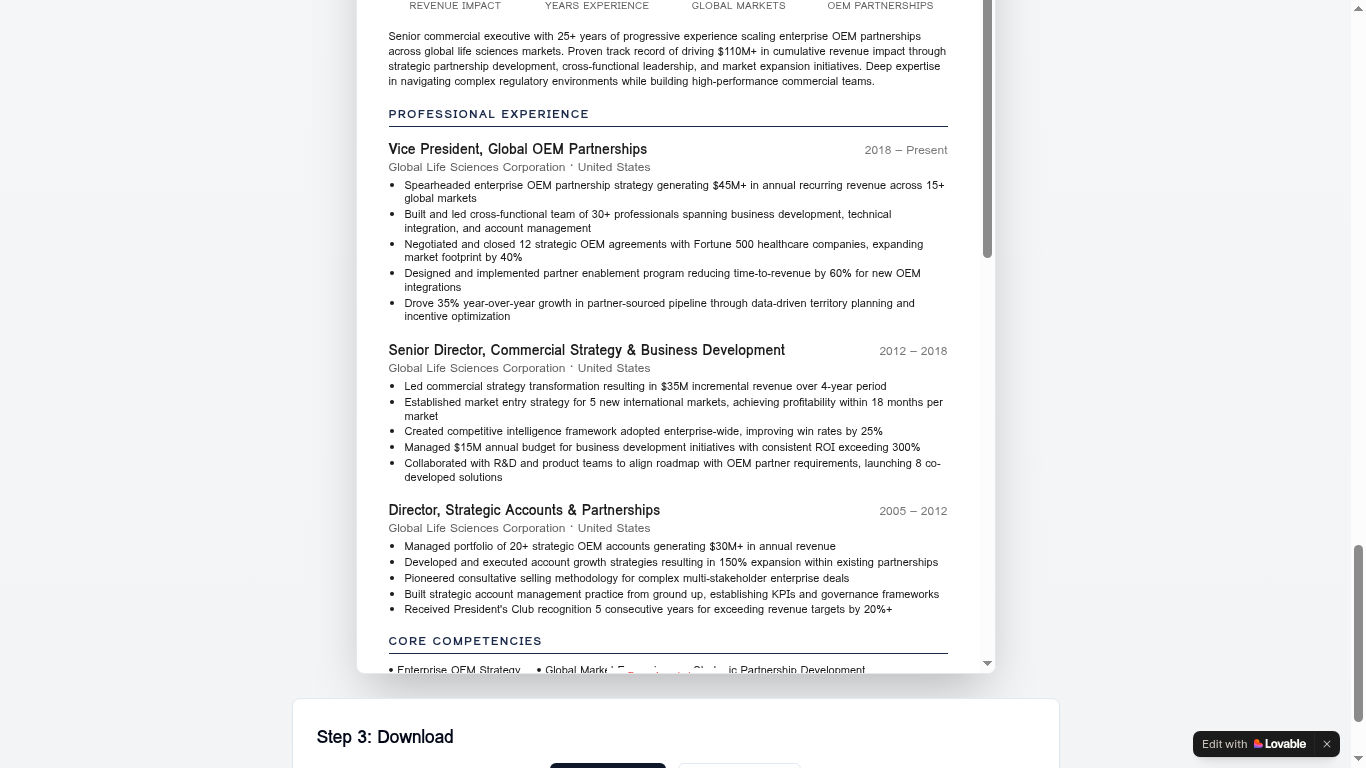 Easy Resume — rendered experience & core competencies section