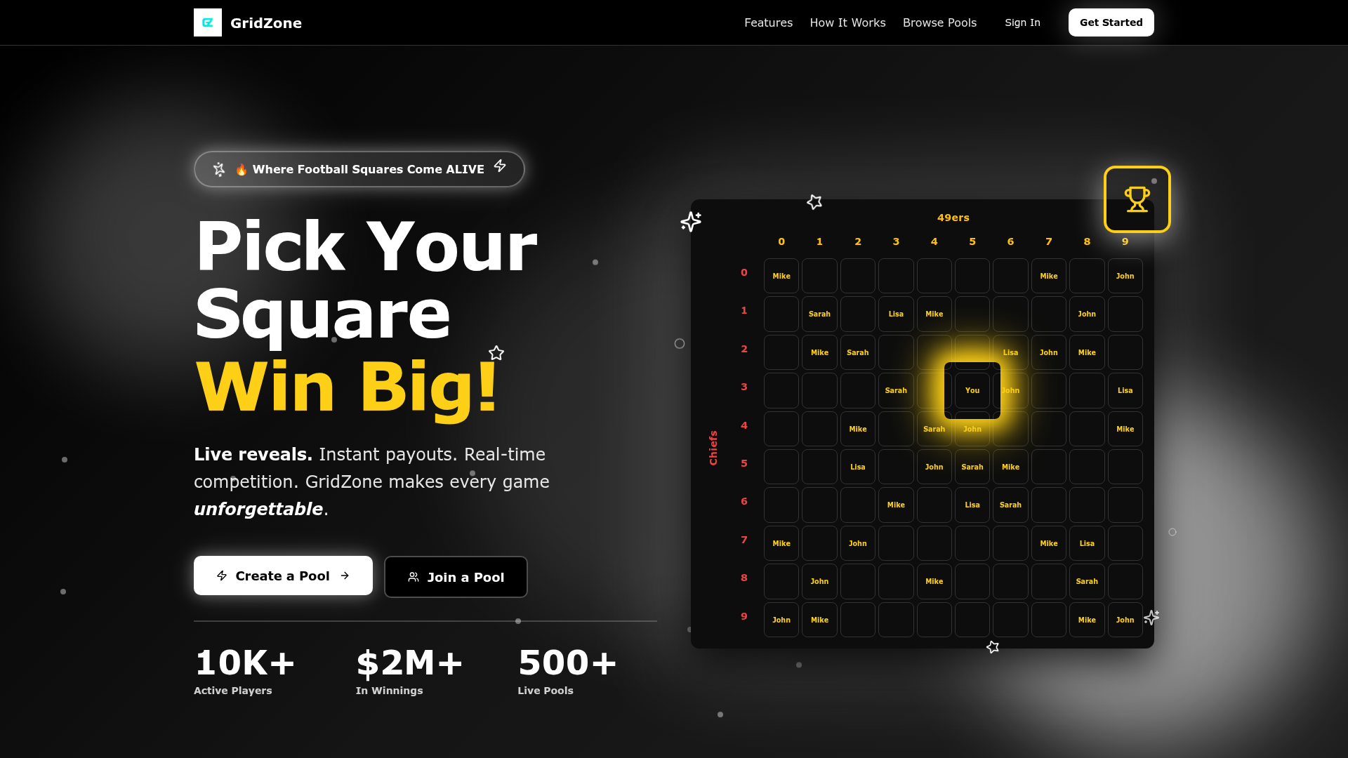 GridZone — homepage hero with live football squares grid