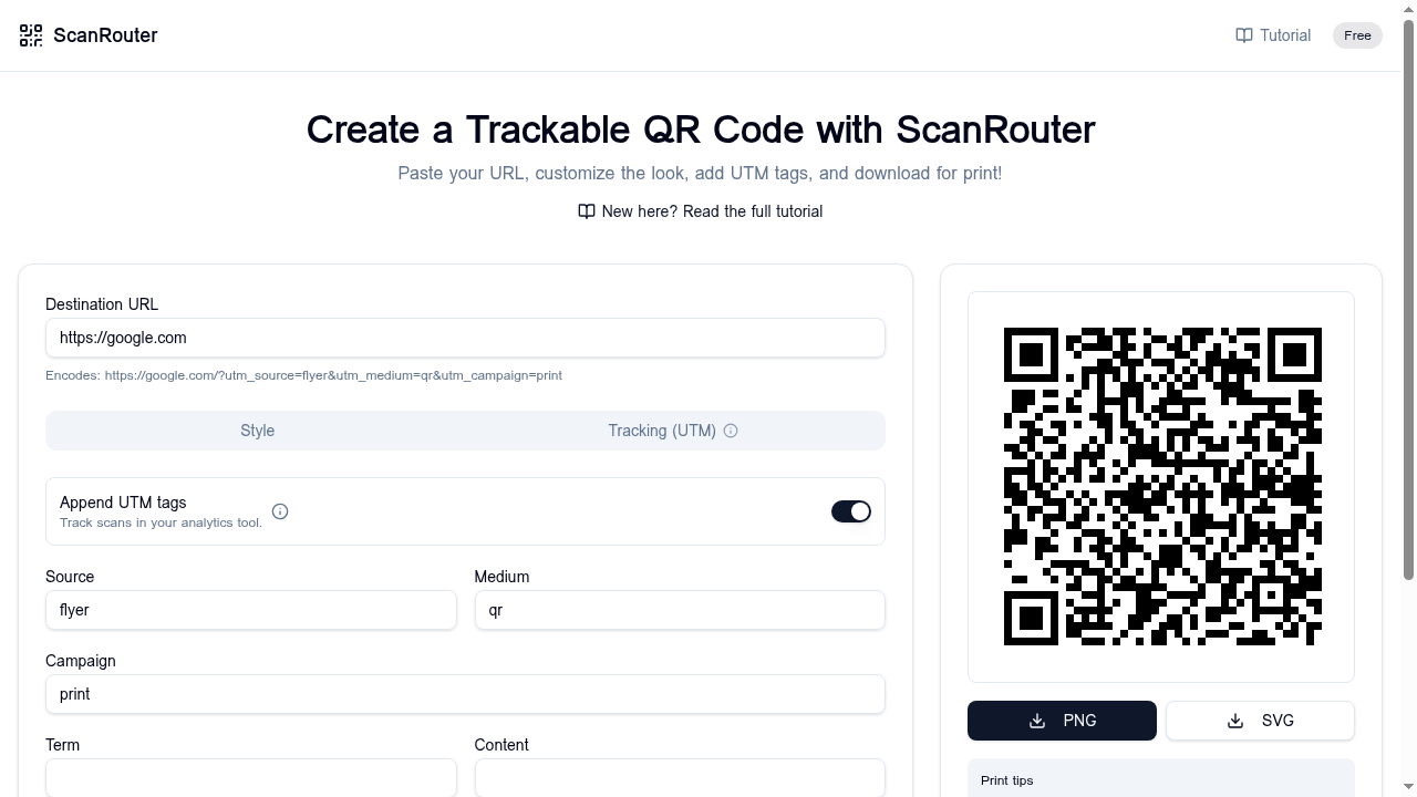 Scan Router — customization panel with colors, dot style, and corner shapes